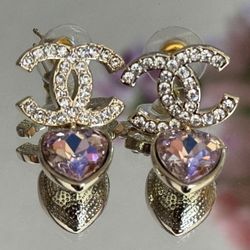 CC Heart Pink Crystal Logo Drop Gold Earrings 