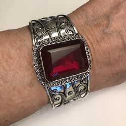 Garnet Stamped 925 Sterling Silver Cuff Bracelet 