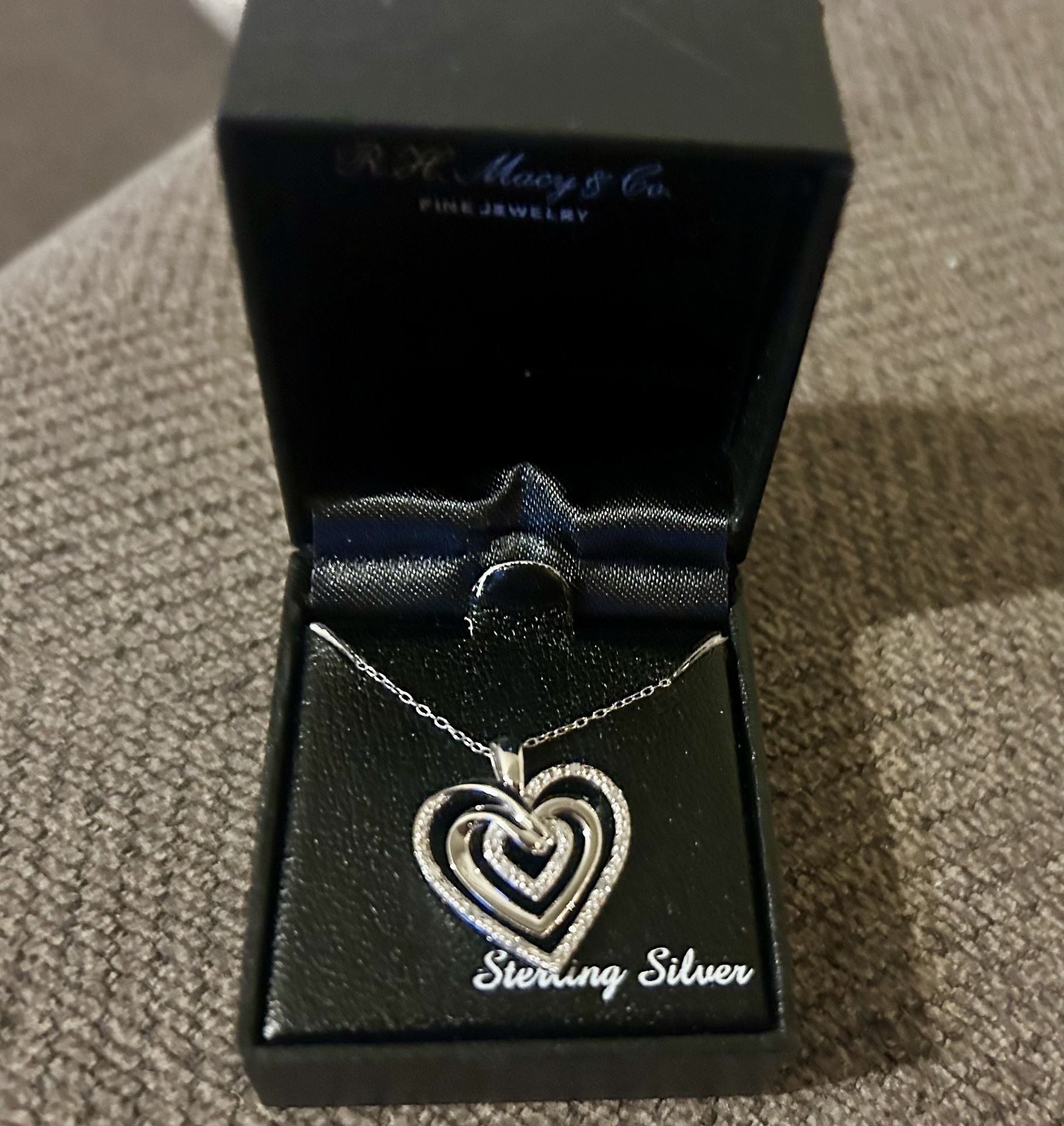 Sterling Silver Pendant Necklace, Macy’s Bridge Diamond Hearts 1/10CTW