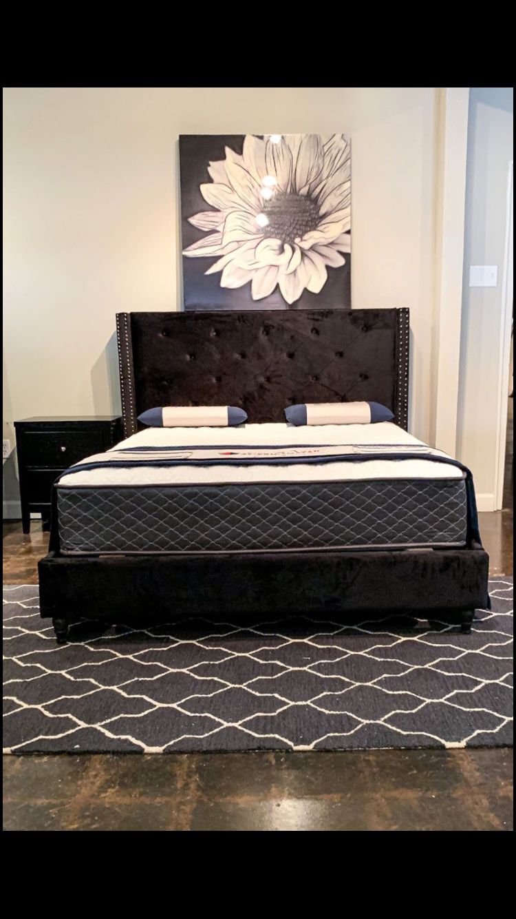 King black velvet studded bed with mattress and free delivery