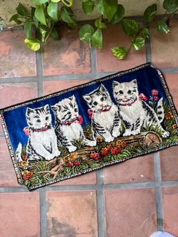 Antique Vintage Velvet Art Tapestry Wall Hanging Rug Kittens Cats 38x19 Country