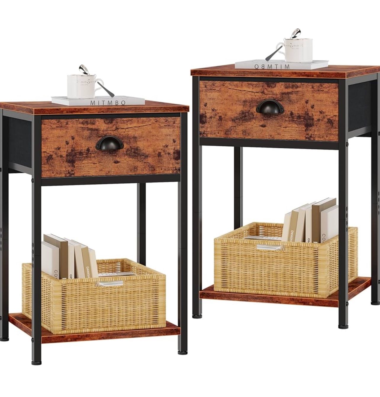 End Table Nightstands Set of 2, Rustic Brown Fabric Drawer Storage Shelf Retro Bedside Tables