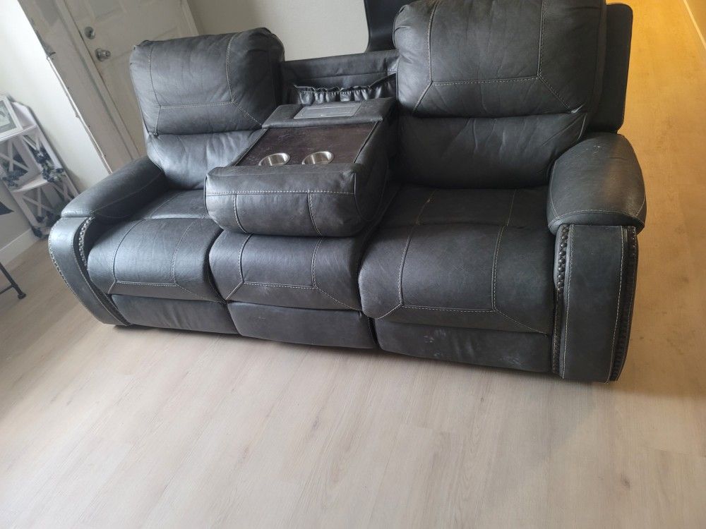 Beautiful Dark Grey Leather Reclining Couch Set