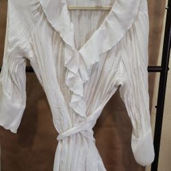 No Ashley Stewart White Striped Ruffle Wrap Blouse Ruffle Around The Sleeve 3/4 Sleeves Size 14 New Never W O R E