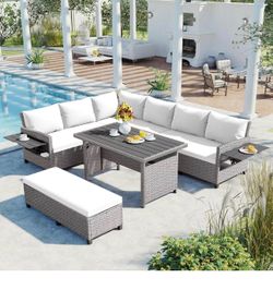 🔥Brand new🔥 5-Piece Outdoor Sectional Sofa Set, L-Shaped PE Wicker Patio Furniture with 2 Foldable Side Tables & Coffee Table, Modular Conversation 