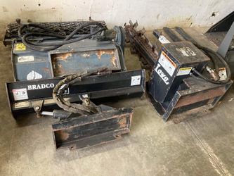 Selling Various Skid Steer Attachments Bobcat Toro Dingo Forks Auger Trencher Bucket Bore Drive Vermeer Western Snow Plowes Scag Stander Mowers 