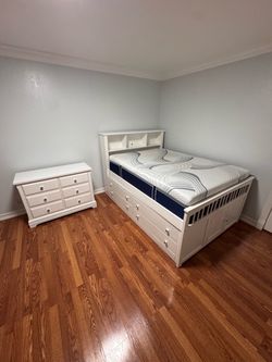 White Full Captain's Bed with Storage and Dresser Set mattress not included