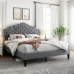 Queen Bed Frame, Velvet Tiara Upholstered Diamond Button Tufted Headboard, No Box Spring Needed, Gray