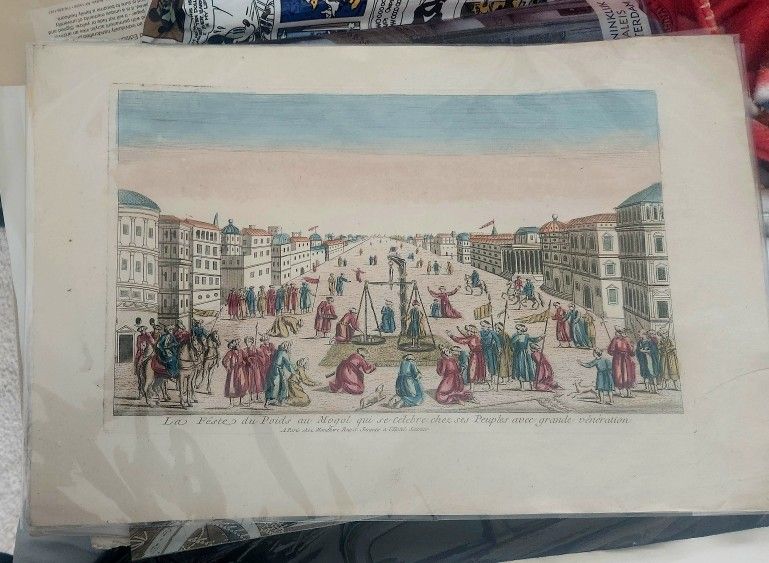 18th Century French Colored Lithograph 13x20 Re: Mogul Weight Festival