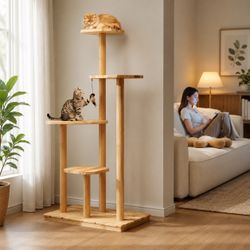 Wooden Cat Tree, Multi-Level Cat Tower for Climbing, Resting & Scratching, Natural Wood