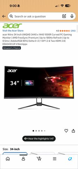 Acer Nitro 34” Curved Ultrawide Gaming Monitor 3440x1440 180Hz