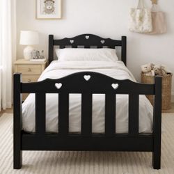 ✨ Pottery Barn–Style Black Wooden Twin Bed | Solid Wood Kids Bed | Heart Detail Headboard