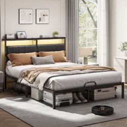 Queen Size Bed Frame with Upholstered Headboard，Metal Platform with LED Lights, USB Charging Station & Storage Shelf - Black PU Leather