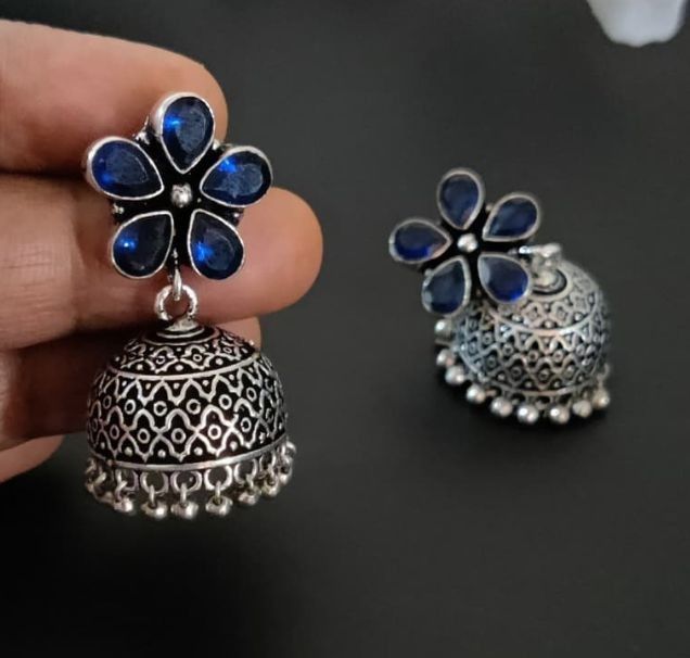 Blue Jhumka Silver Brass Earring Desi Ethnic Wedding