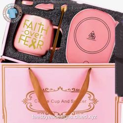 Unleash your fearless faith with this unapologetically bold pink, white or green ceramic mug set with warming plate. Featuring the empowering phrase "