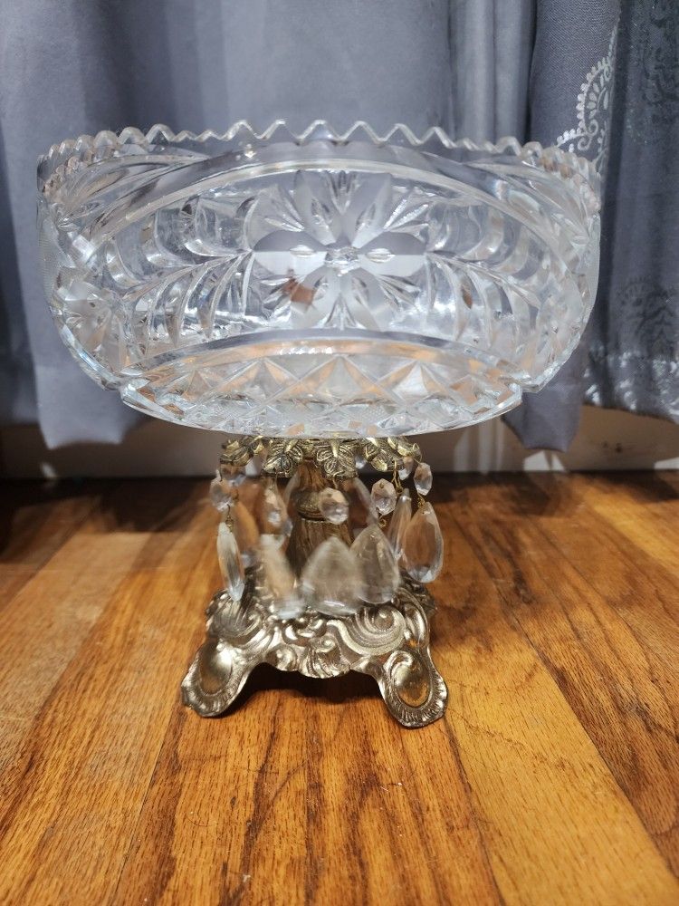 Mcm Crystal Bowl On Brass Pedestal