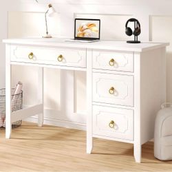 45" White and Gold Desk with 4 Drawers Home Office Desk with Storage for Work Writing Study, Small Desk with Golden Handle for Bedroom, Girl Desk with