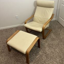 Modern Wooden Accent Chair & Ottoman Set – Cream Cushion (Great Condition)