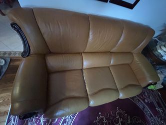 Caramel Leather Loveseat with Wood Trim