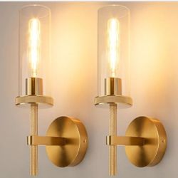(Brand New in Box)  15" Knurled Gold Hardwired Wall Sconces Set of 2, Bathroom Vanity Light Fixtures with Clear Glass Tube, Modern Lamp Lighting for B