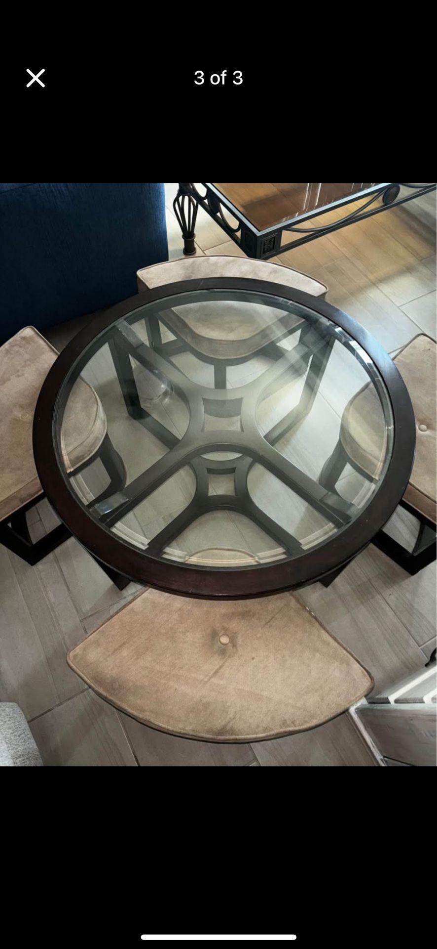 Space-Saving Round Glass Table w/ 4 Stools – $100 (Lady Lake, FL)