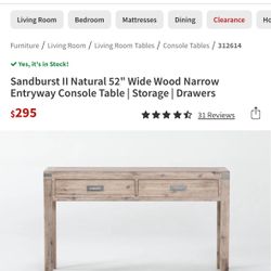 Sandburst II Natural 52" Wide Wood Narrow Entryway Console Table | Storage | Drawers