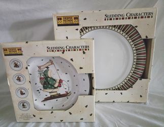 Set Of DEBBIE MUMM Holiday Plates ~  Sledding Characters ~ SAKURA ~ 4 Salad/Dessert ~ 4 Dinner 