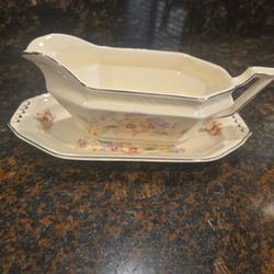 Vintage Edwin M. Knowles Floral Gravy Boat + Underplate