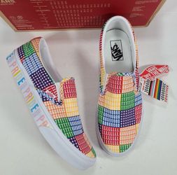 Vans Classic Slip-On Pride Rainbow Check Multi White Sneakers Women 11 Men 9.5