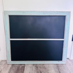Vintage wooden window made into a large chalk board 32” wide x 27” tall  Distressed sanded Aqua with grey  Has two metal Hangers on the back