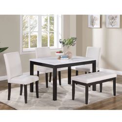 5 Piece Dining Set Standard Height White Faux Leather Seats 1 Bench Faux Marble Table Top Brand New In Box Firm Price $320