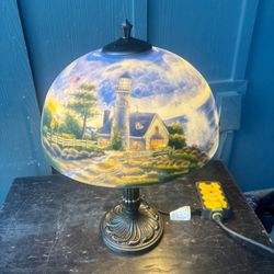 Reverse Painted Thomas Kinkade Lamp “A Light in the Storm” Limited See Photos