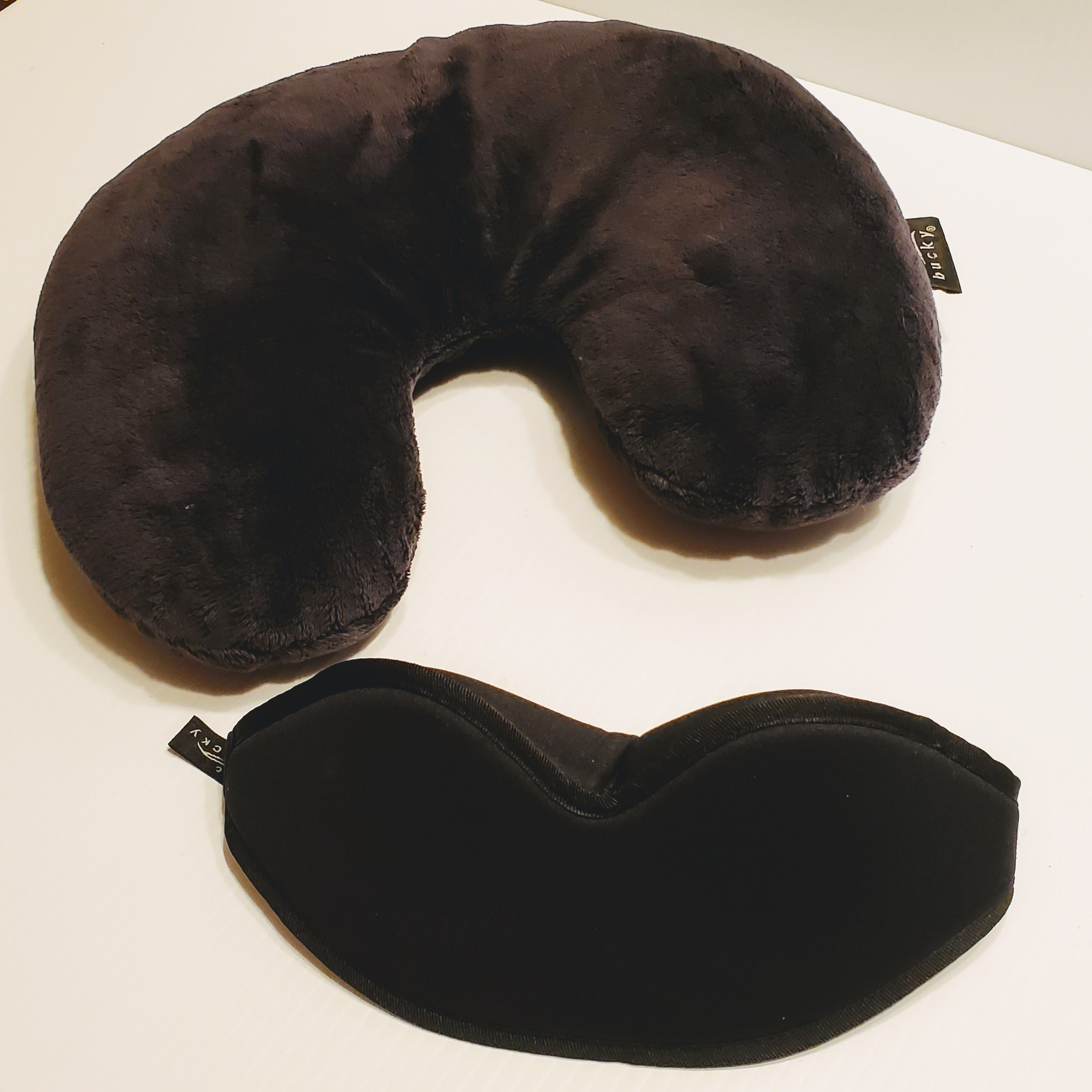 Bucky Buckwheat U-shape Travel Neck Pillow with Bucky Sleep eye mask.