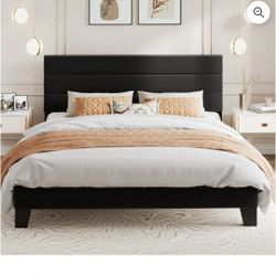 Amolife King Bed Frame, Platform Bed Frame with Velvet Upholstered Headboard, Black