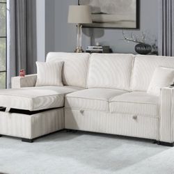 Corduroy Sectional Sleeper With Ottoman Storage And USB Charging Port 