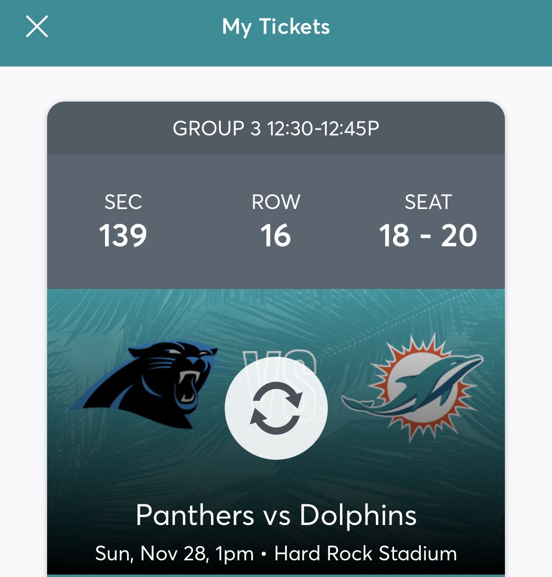 Miami Dolphins Vs  Panthers, 3 Tickets