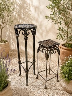 Vintage Lot 2 Wrought Iron Plant Stands Tables Heavy Yard Garden Pot Holders Display Rustic French S