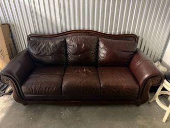 Brown Leather 3-Seat Sofa with Wood Trim