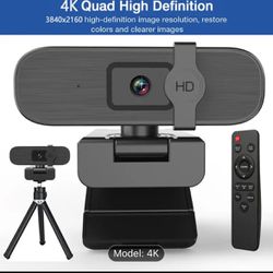 4K Webcam for PC, Auto-zoom, with remote control, Privacy Cover, White Balance, Webcam with Microphone, Plug & Play, 4K Web Camera for Laptop/Desktop,