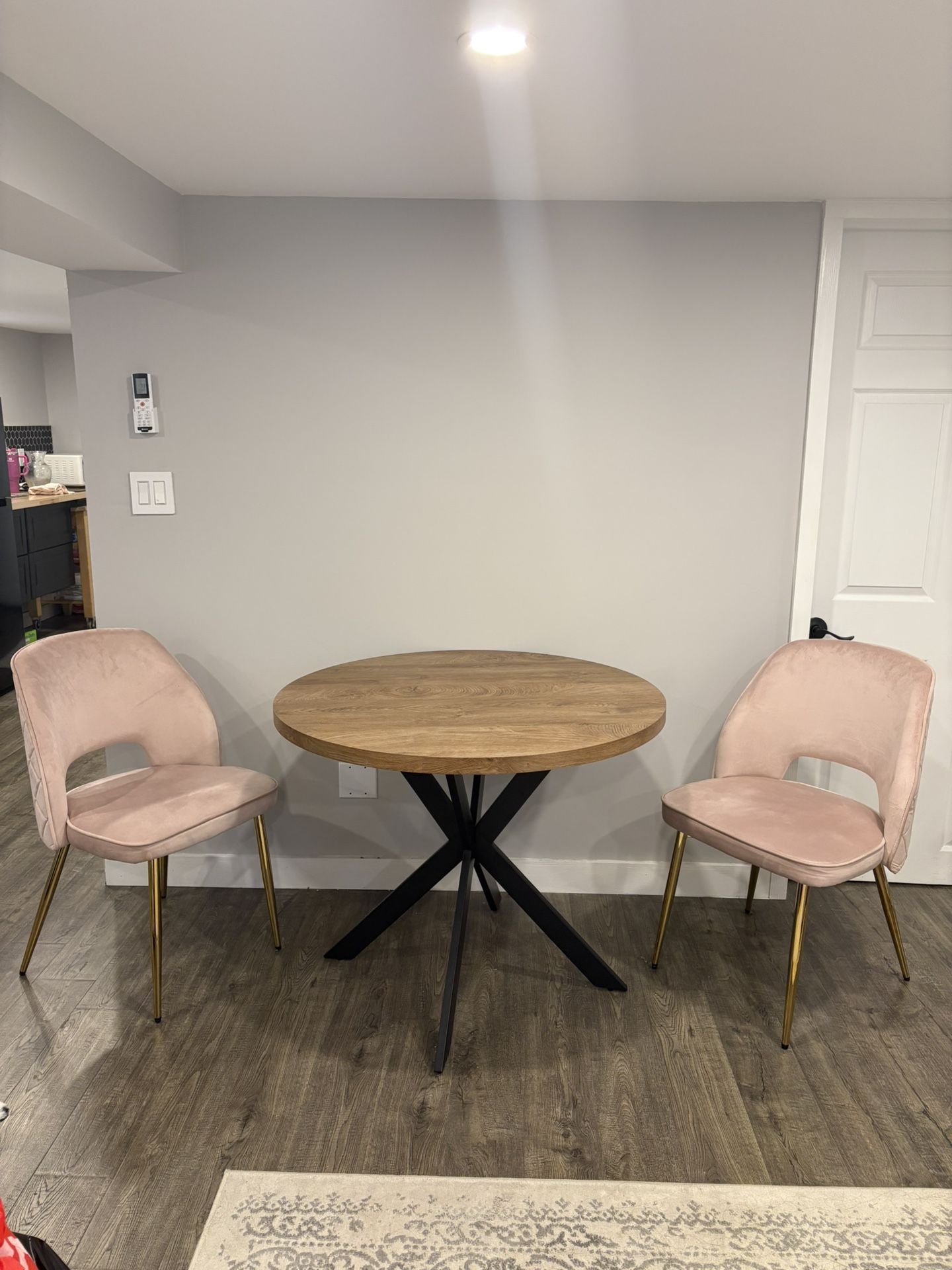 3 Piece Dining Set- Brown Round Wood Table With Two Pink Chairs