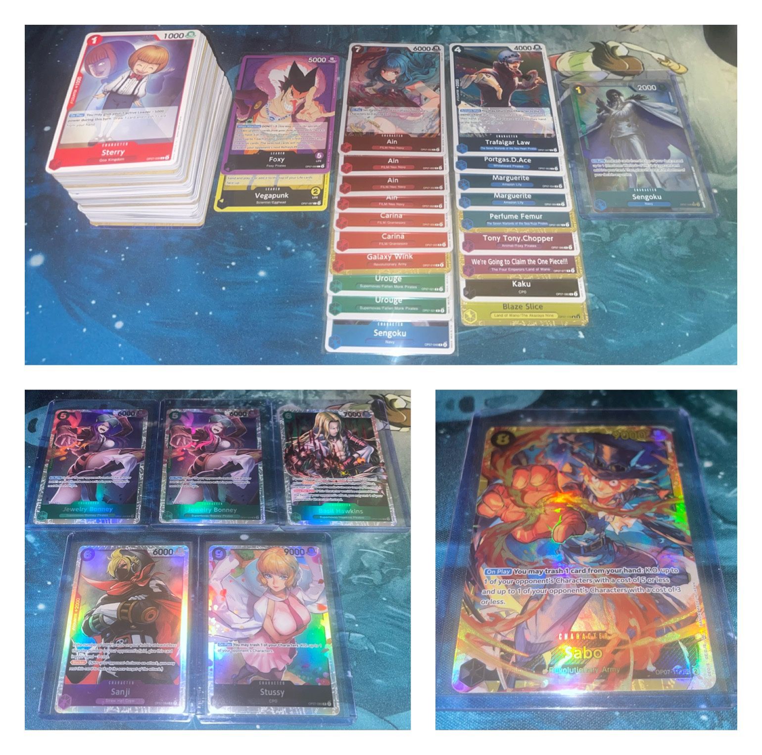 ONE PIECE OP7 “LOT” of 156 Cards w/ 2 Leaders, 20 Rare (1 Alt Art), 5 SR & 1 SEC