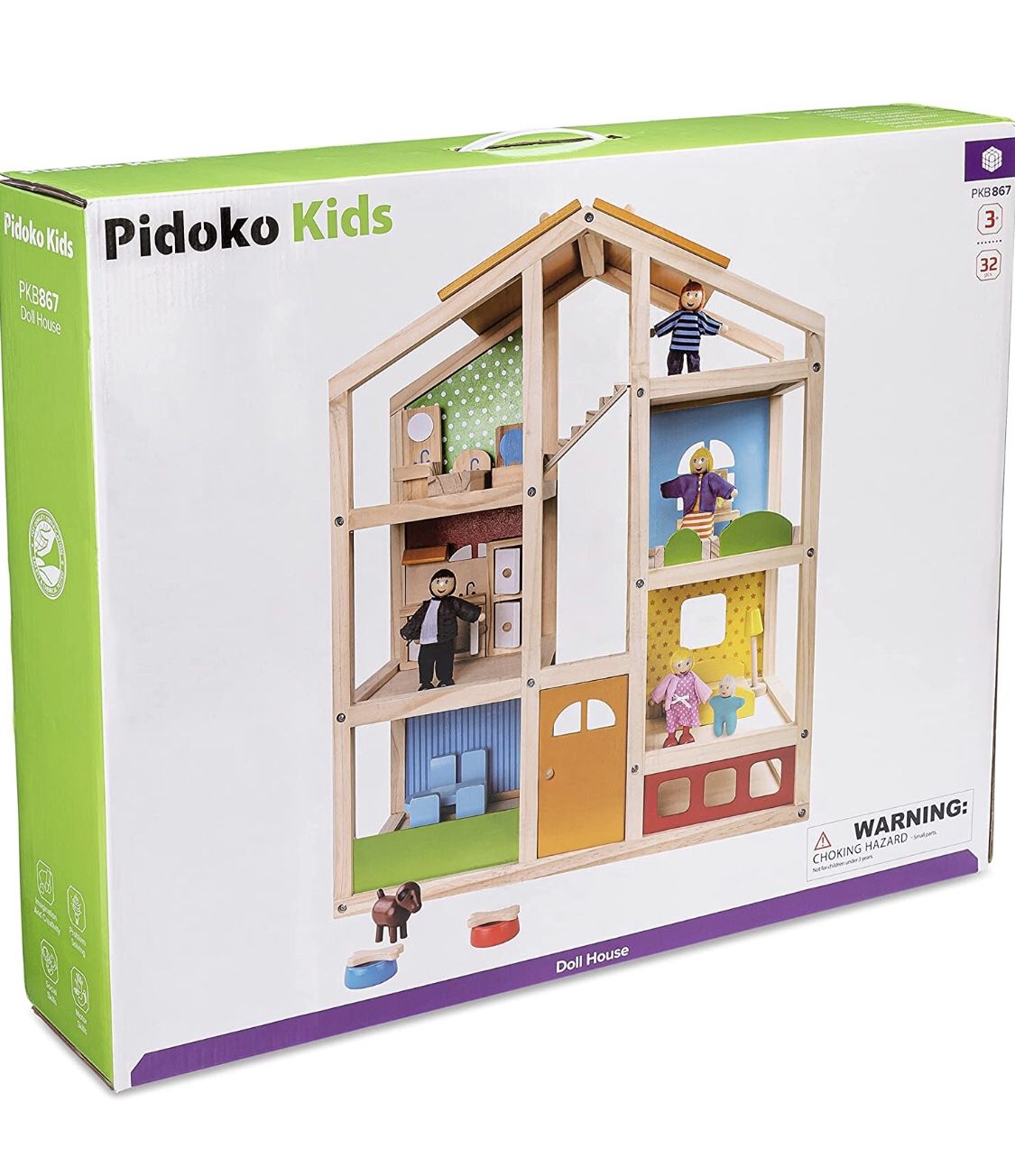 PIDOKO KIDS Skylar Wooden Dollhouse - Includes 20 Pcs Furniture Accessories, 5 Family Dolls and a Pet Dog - Wood Doll House for 3 4-5 Year Old Girls &