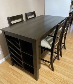 5-PC AESTHETIC HIGH TOP BROWN FINISH DINING SET (TABLE WITH SHELVES & WINE RACKS AND PADDED CHAIRS