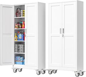 2580c $120  71''H Tall Metal Garage Storage Cabinet with Wheels,Steel File Cabinets with 2 Doors and 4 Adjustable Shelves for Home Office, Warehouse, 