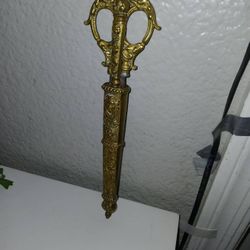 Antique Ornate Bronze Brass Scissors And Letter Opener With Sleeve 