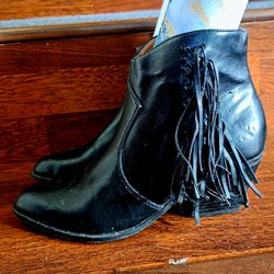Black Leather Fringe Booties