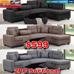 2pcs Sectional With Cup Holders Ottoman Included 