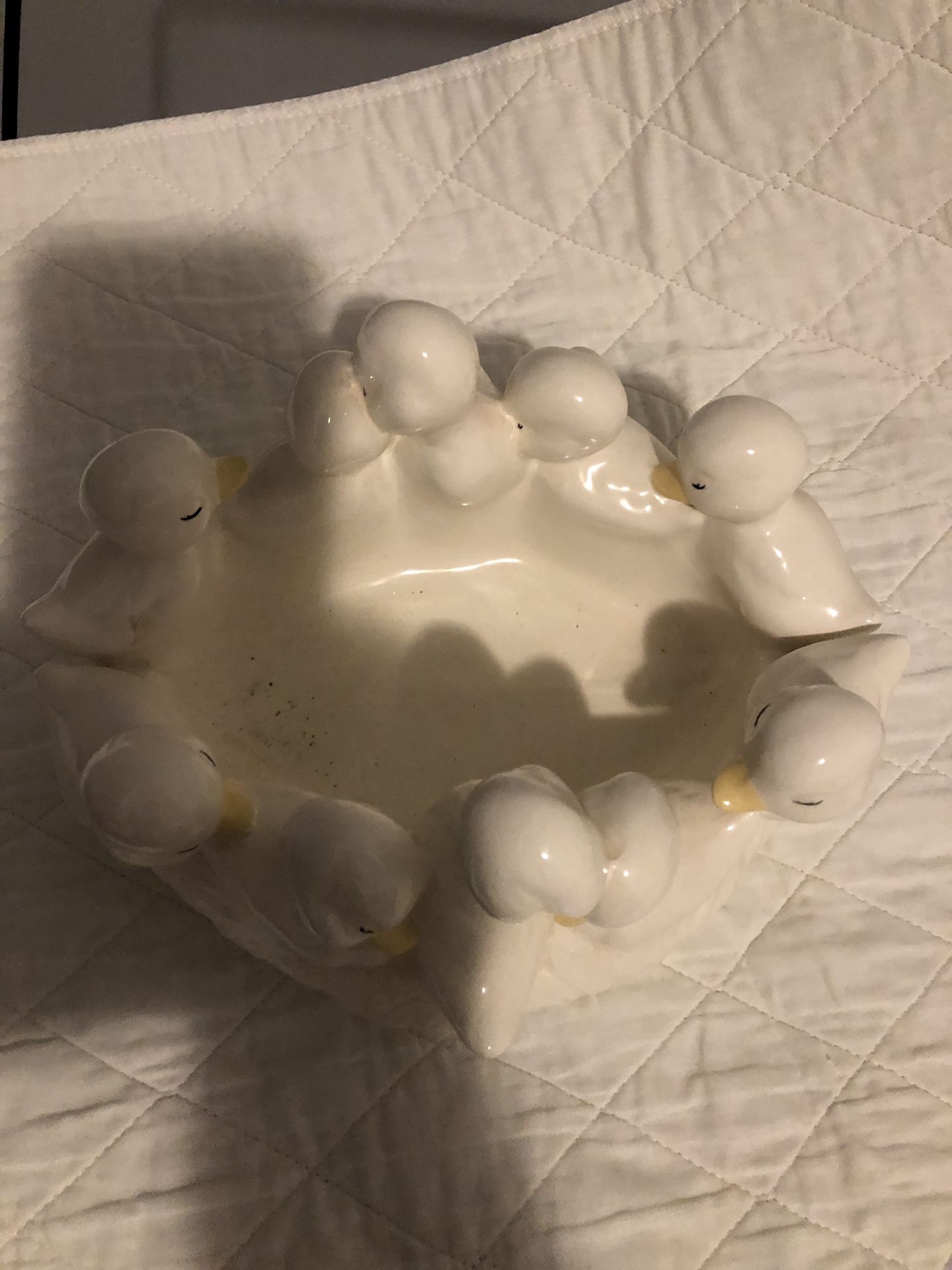 Irish Glass cross, duckling bowl, decorative egg.