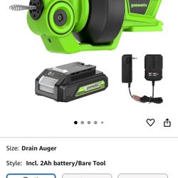 New Greenworks 24V Cordless Plumbing Drain Auger / Snake (23-FT / 560 RPM) For Unclogging Sinks, Shower Drains, Toilets, and More! (3/4"-2" Pipes), 2.