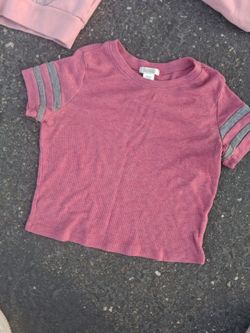 Pink Ribbed Crop Tee with Grey Stripe Sleeves